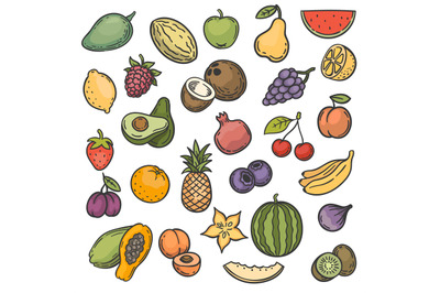 Sketch fruits. Hand drawn color fruits apple, orange and lemon, banana