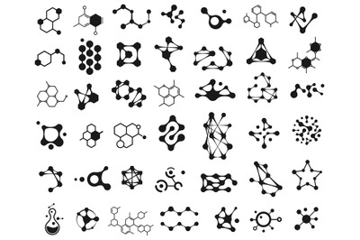 Connected molecules icons. Molecular structure logo set