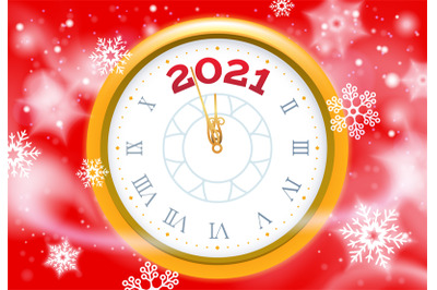 New 2021 Year snow poster. Vector clock face