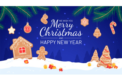 Gingerbread background. Merry christmas and new year 2021 greeting car