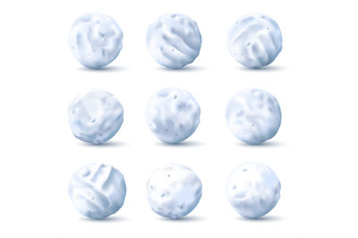 Snowballs. Round snow and ice pieces, realistic white snowball 3d vect