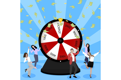 Wheel of fortune. People enjoying celebrating of win in lottery