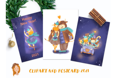 New Year&#039;s cards and cliparts with funny cows and bulls. Clipart with
