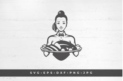 Waitress with food tray.  Vector illustration. SVG, PNG, DXF, Eps, Jpe