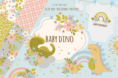 BABY DINO Kid Hand Drawn Flat Design Vector Illustration Set
