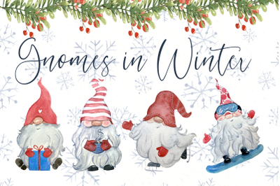 Gnomes in Winter Watercolor Clip Art