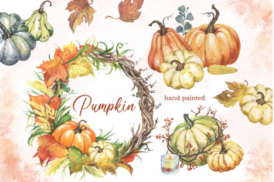 Watercolor pumpkin clipart with autumn wreath png, autumn harvest