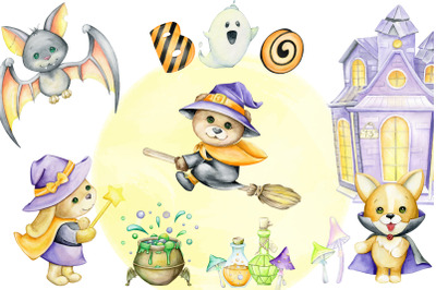 Watercolor Halloween Clipart, Animals in costumes, draculas, mummies,