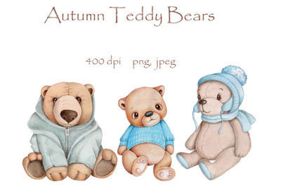 Autumn Teddy Bears. Watercolor.