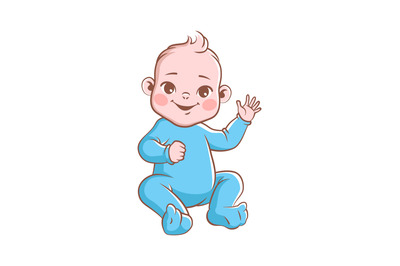 Cute baby boy. Infant smiling toddler in blue clothes sitting and wavi