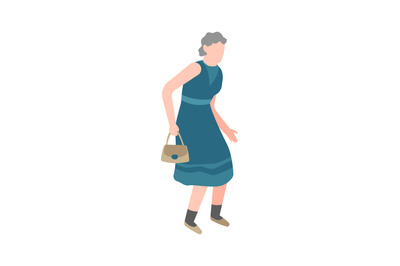 Elderly woman walking. Happy old senior with little bag walks in park,