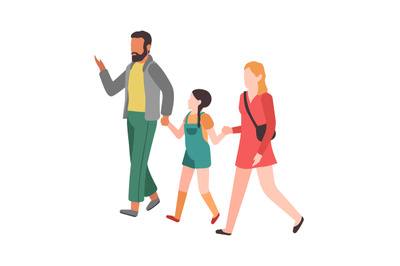 Family walking. Mom dad and child hold hands and walk in park, happy p