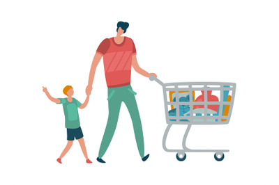 Family shopping. Father and son shopper, man with trolley and boy hold