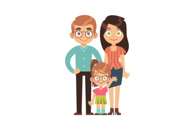 Happy family. Parents with child, mom dad and daughter smile stand and