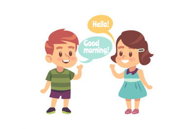 Kids good manners. Boy says good morning and girl with hello word in s