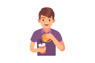 Man eating fast food. Male character with hamburger and soda drink, lu