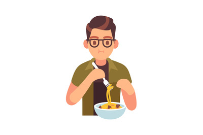 Man eating meal. Hungry male character with tasty noodles, lunch or di