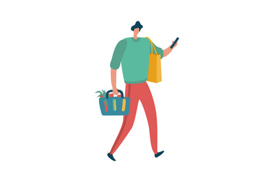 Man is shopping with holding bags, male shopper with basket. Character