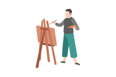 Man paints. Cartoon male character draws on easel, talent painter with