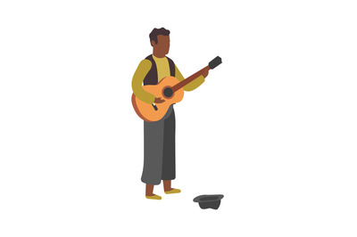 Man plays guitar on street. Busker performance, boy stands with hat an