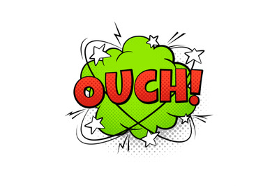 Comics balloon ouch text. Cartoon speech bubble, red green and white c