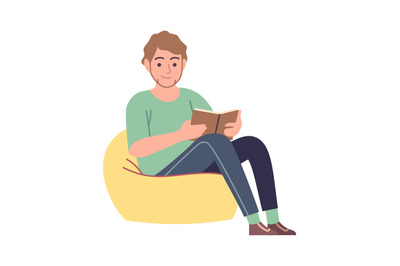 Reader. Man reading literature sitting on yellow comfort armchair, stu