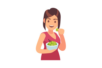 Woman eating healthy food. Girl eats meal. Hungry female character wit