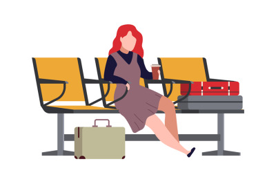 Woman in airport arrival waiting room or departure lounge. Female char