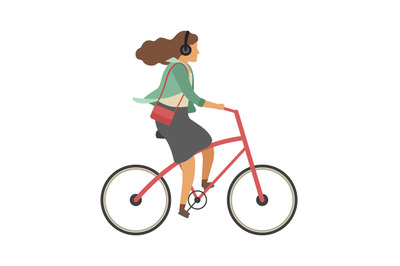 Woman riding on bicycle. Simple character cyclist girl rides on bike a