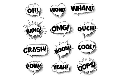 Pop art comic speech bubbles. Retro cartoon talking shapes, text in bl