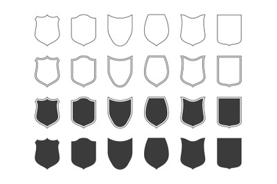 Shields badge icon set. Outline shield label, symbol of safety, power