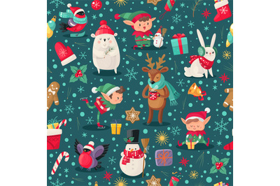 Christmas characters seamless pattern. Santa Claus helpers, deer and s