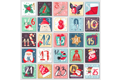 Christmas advent calendar. Winter festive poster with rabbit&2C; bear and