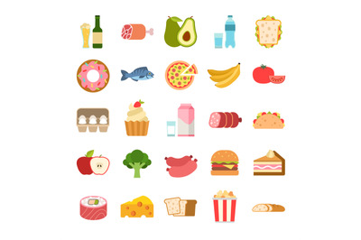 Flat food icons. Menu planning elements, fruits and vegetables, drinks