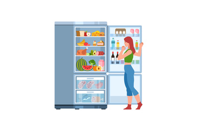 Woman at fridge. Female character looking in open refrigerator with pr