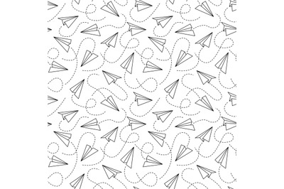 Line paper airplane seamless pattern. Flying black planes of different