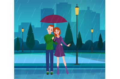 Couple in love. Young people in love under umbrella in park, rainy wea