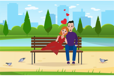 Couple in love. Young people sit in park on bench, husband and wife ch