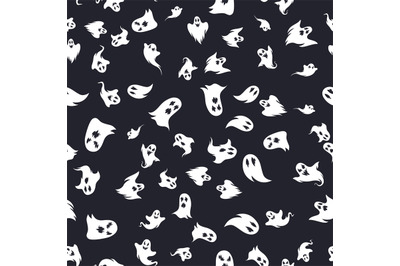 Ghosts seamless pattern. Halloween abstract spooky spirits with faces