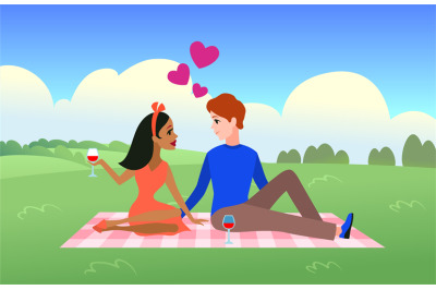 Happy couple on picnic. People relax in nature together, man and woman