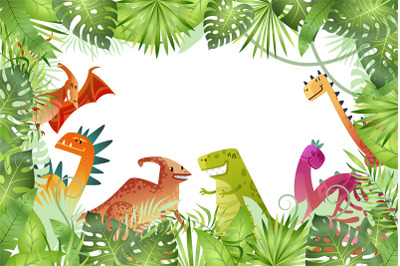 Jungle background. Funny dinosaurs on rainforest background&2C; animal dr