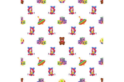 Kids toys. Seamless pattern children playthings doll, whirligig and be