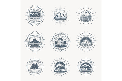 Mountain emblems. Mountains set of monochrome vintage badges, mountain