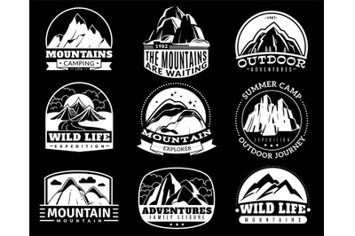 Mountain emblems. Mountaineering camp and adventure tourism, hiking ex