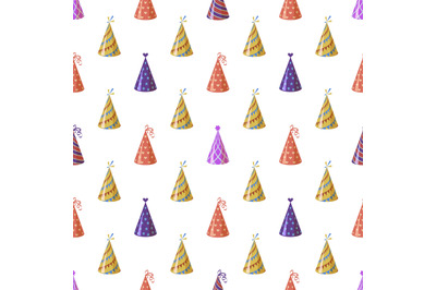 Party caps. Seamless pattern bright multicolor carnival festive cone w