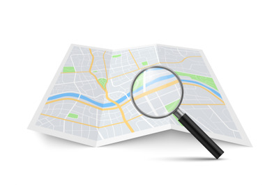 Realistic magnifying glass and map. Magnification zoom street search,