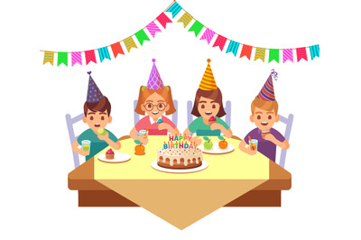 Birthday happy child. Children in fective cone hat eat cake with candl