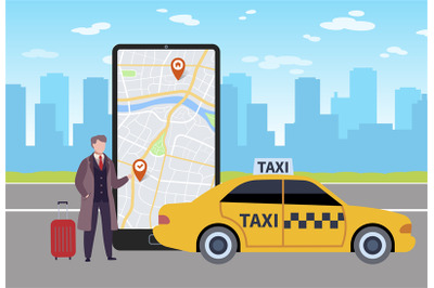 Online taxi. Man calls taxi through application in smartphone, map on