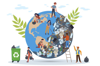 People clean planet. Globe in mountain of garbage from plastic bottles