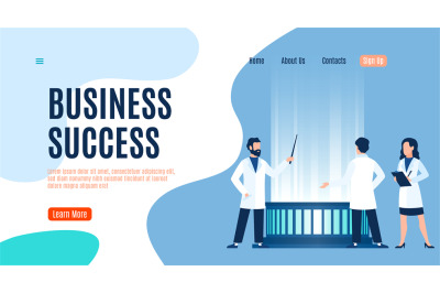 Business success landing page, men and woman in uniform teamwork prese